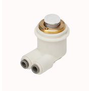 Elkay water regulator kit with white plastic body, brass collar, white button top, and two outlet ports.