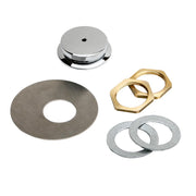Stainless steel fountain kit components including push button head, escutcheon plate, brass and metal washers.