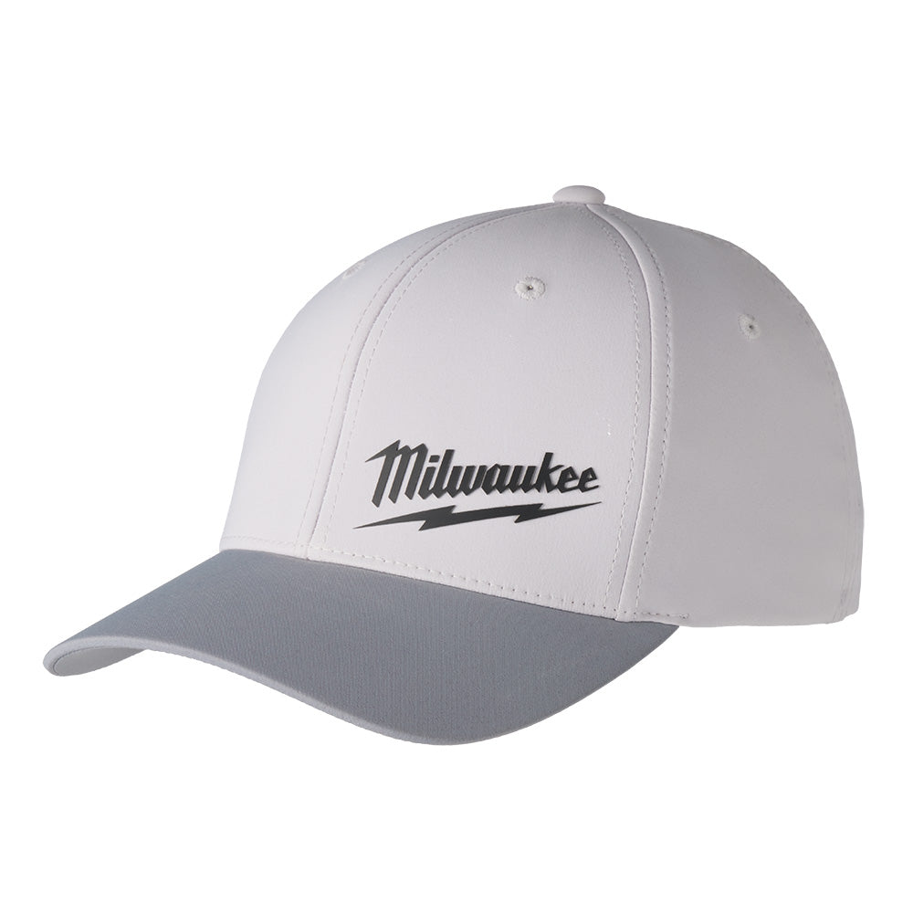 Gray and white fitted baseball cap with Milwaukee logo on front panel.