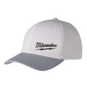 White and gray fitted baseball cap with Milwaukee logo and curved bill.