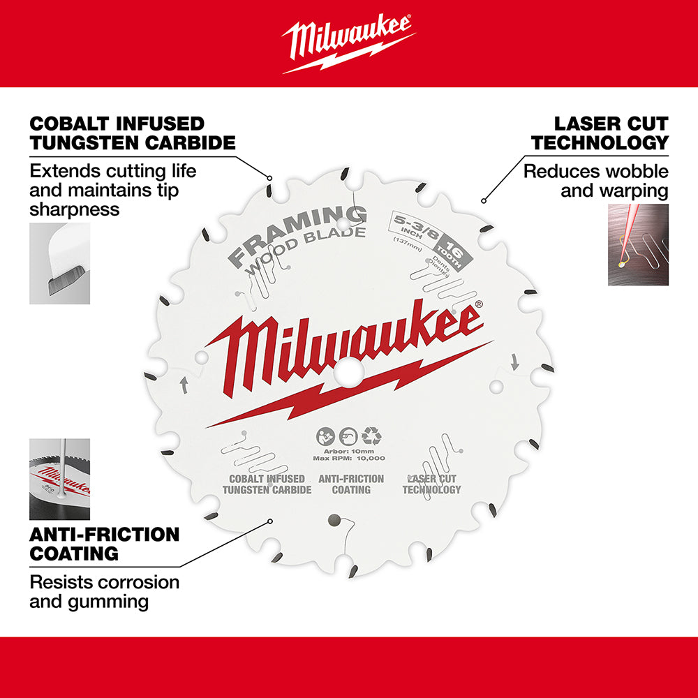 Milwaukee 5-3/8 inch circular saw blade with 16 teeth, white with red Milwaukee logo and feature callouts for cobalt tungsten