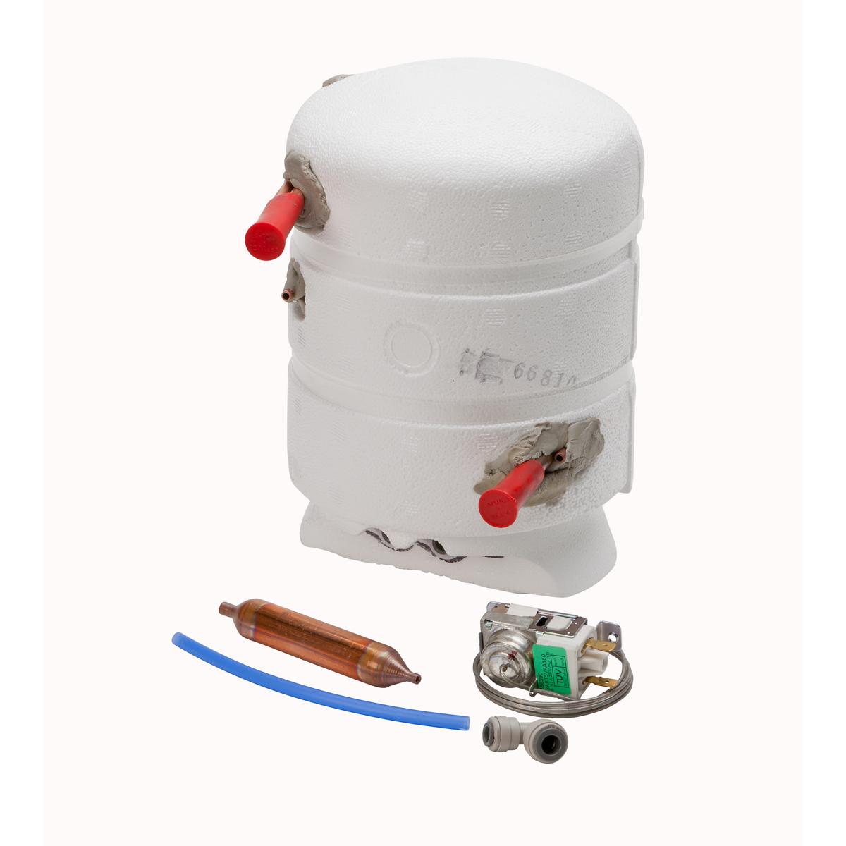 White cylindrical evaporator tank with two red valves, accompanied by copper tubing, blue hose, circuit board, and connector 