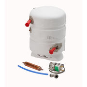 White cylindrical evaporator tank with two red valves, accompanied by copper tubing, blue hose, circuit board, and connector 