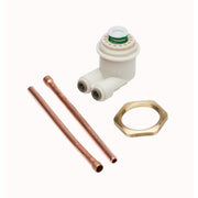 Elkay regulator kit with white plastic valve body, green spring band, two copper tubes, and brass hex nut.