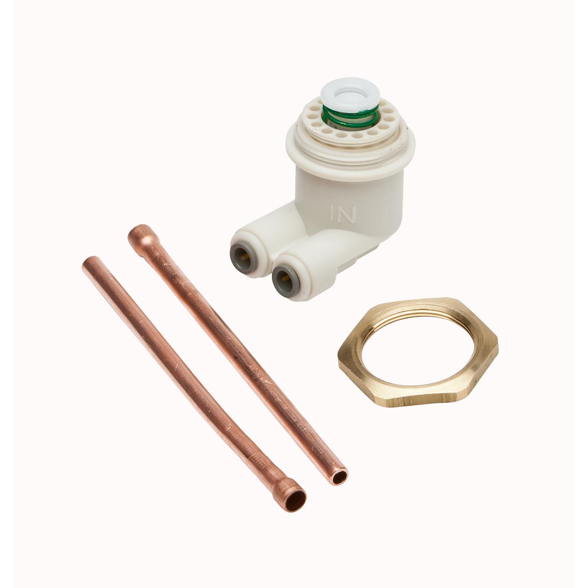 Elkay regulator kit with white plastic valve body, green spring band, two copper tubes, and brass hex nut.