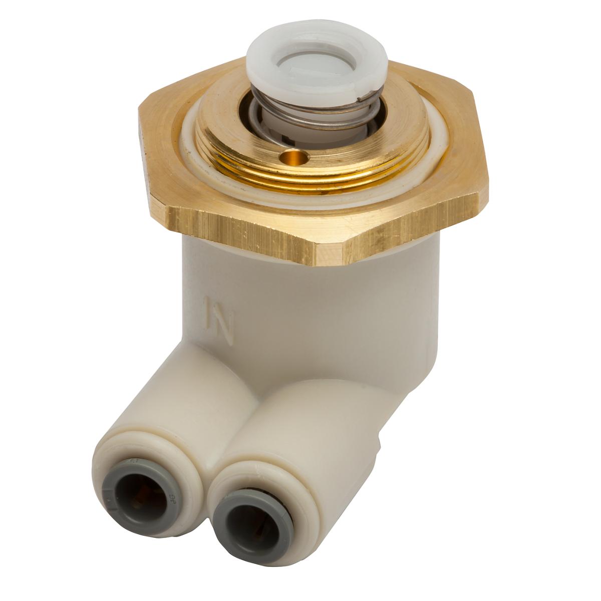 Brass retaining nut assembly with white plastic body, hexagonal brass top, and dual outlet ports.