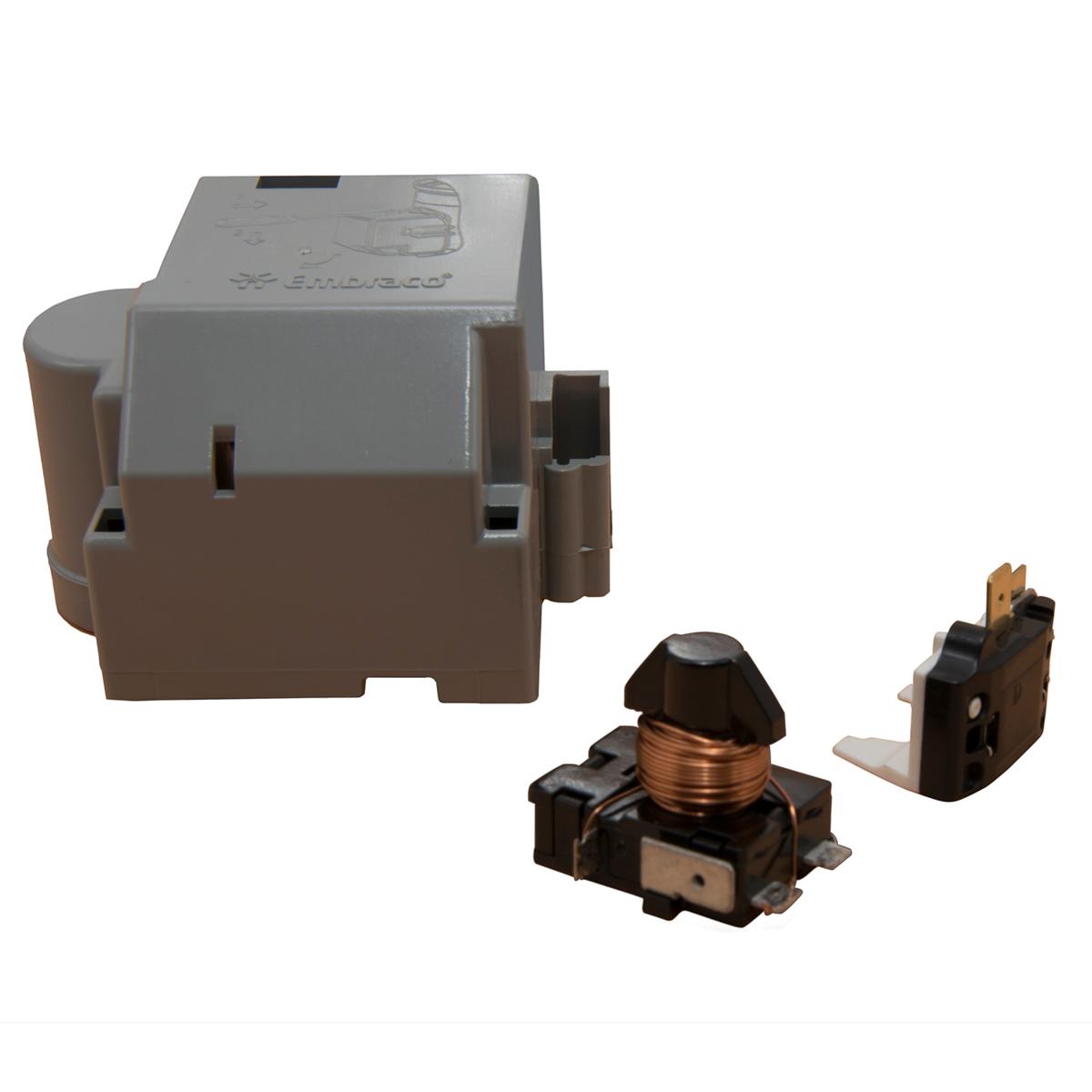 Elkay electrical kit containing gray and brown plastic housing unit with copper coil component and black relay switch.