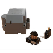 Elkay electrical kit containing gray and brown plastic housing unit with copper coil component and black relay switch.