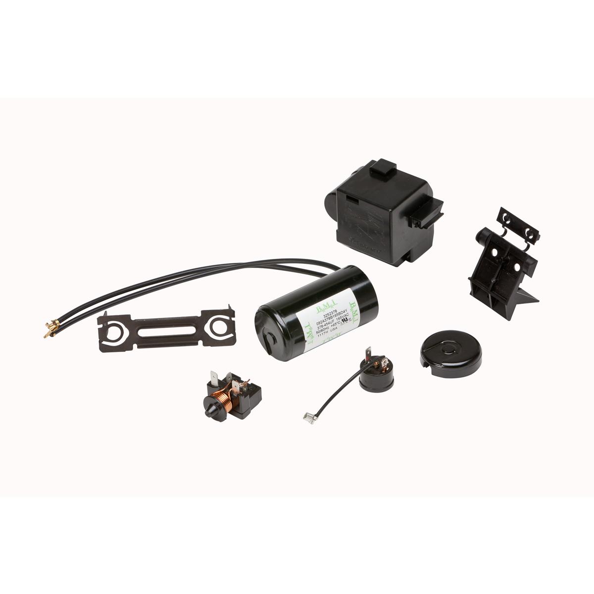 Elkay FFI12HBX electrical component kit containing black plastic housing, cylindrical capacitor, relay switch, mounting brack