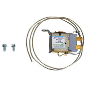 Cold control thermostat kit with metal coil tubing, electronic control module, and two mounting screws.