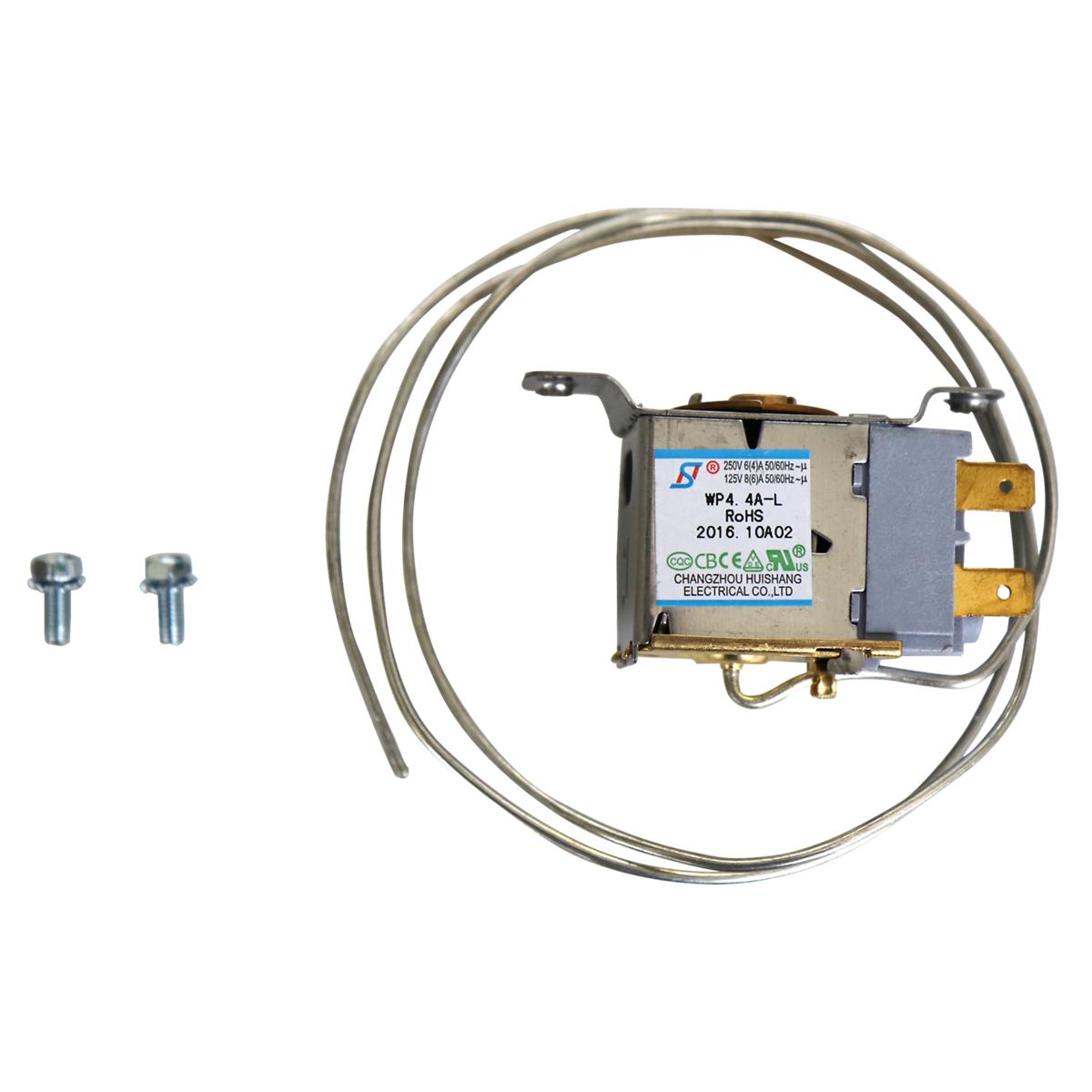 Cold control thermostat kit with metal coil tubing, electronic control module, and two mounting screws.