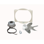 Fan motor assembly kit with plastic housing, metal blade, motor unit with power cord, and hardware fasteners.