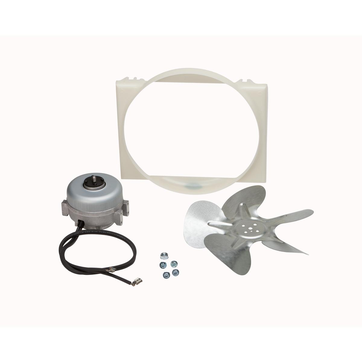 Fan motor assembly kit with plastic housing, metal blade, motor unit with power cord, and hardware fasteners.