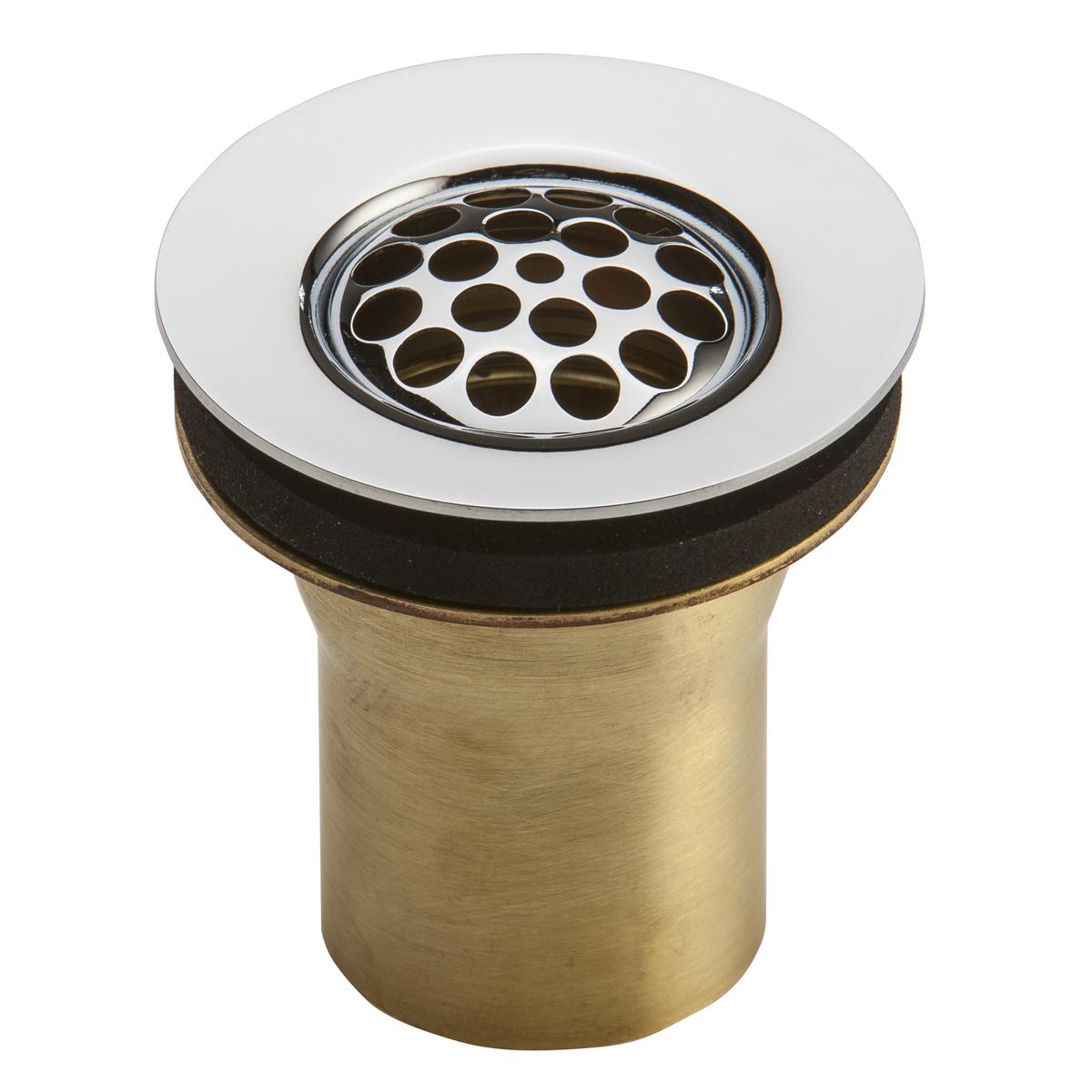 Brass drain assembly with white trim ring, black gasket, and perforated stainless steel strainer basket.