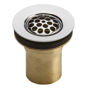 Brass drain assembly with white trim ring, black gasket, and perforated stainless steel strainer basket.