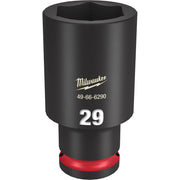 Black deep socket with hexagonal opening, red band at base, marked "29" and Milwaukee logo.
