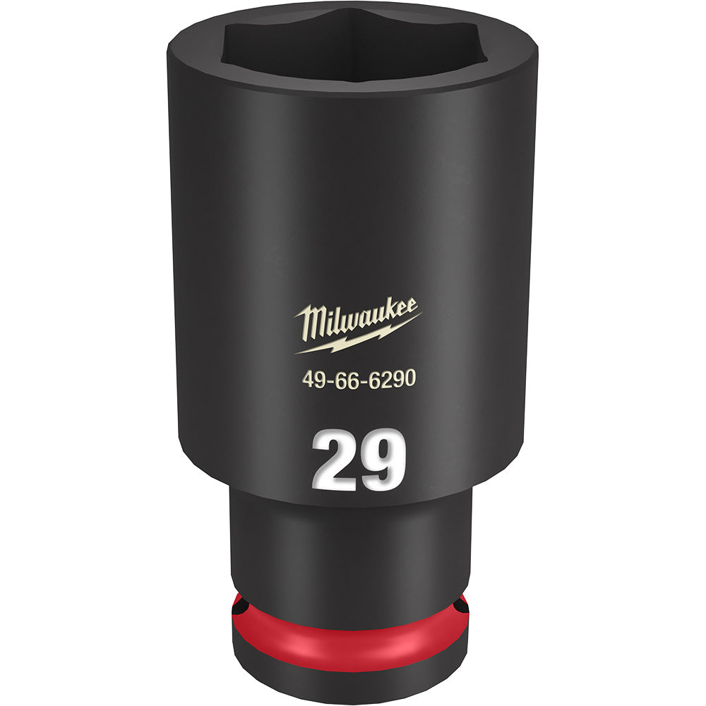 Black deep socket with hexagonal opening, red band at base, marked "29" and Milwaukee logo.