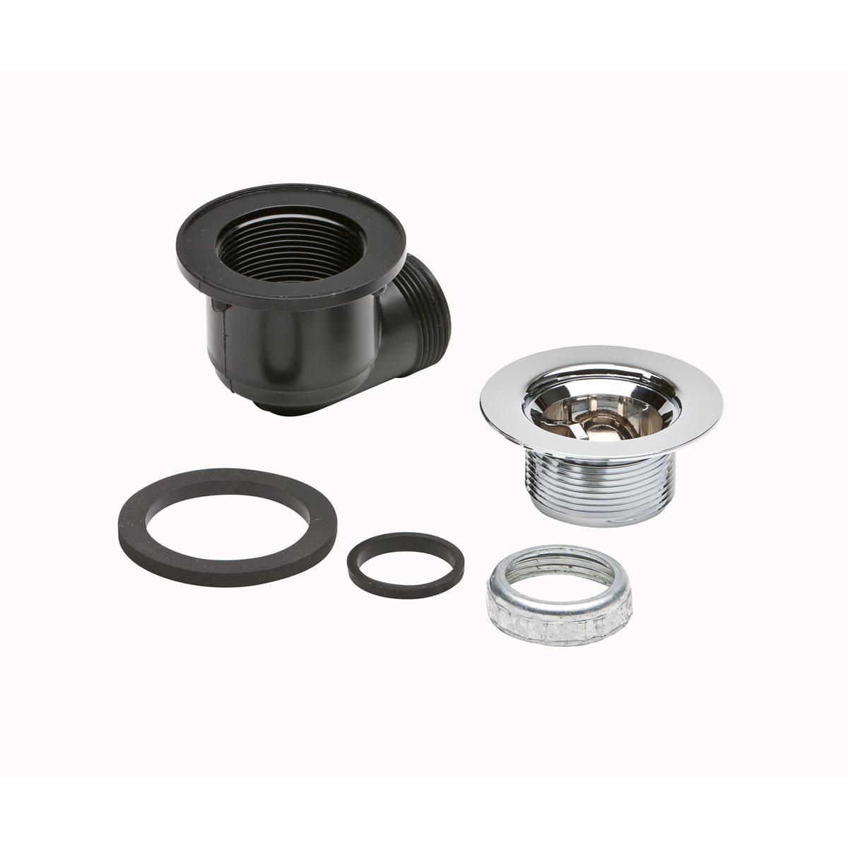 Black and chrome drain kit components including threaded body, collar, washers, and strainer basket.