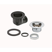 Black and chrome drain kit components including threaded body, collar, washers, and strainer basket.