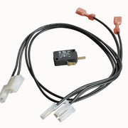 Black wiring harness with white connectors, red spade terminals, and small black electrical switch with brass contacts.