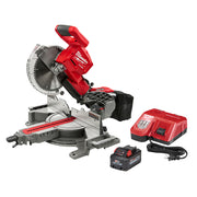 Red and black Milwaukee miter saw with 10" blade, M18 battery, charger, and power cord included.