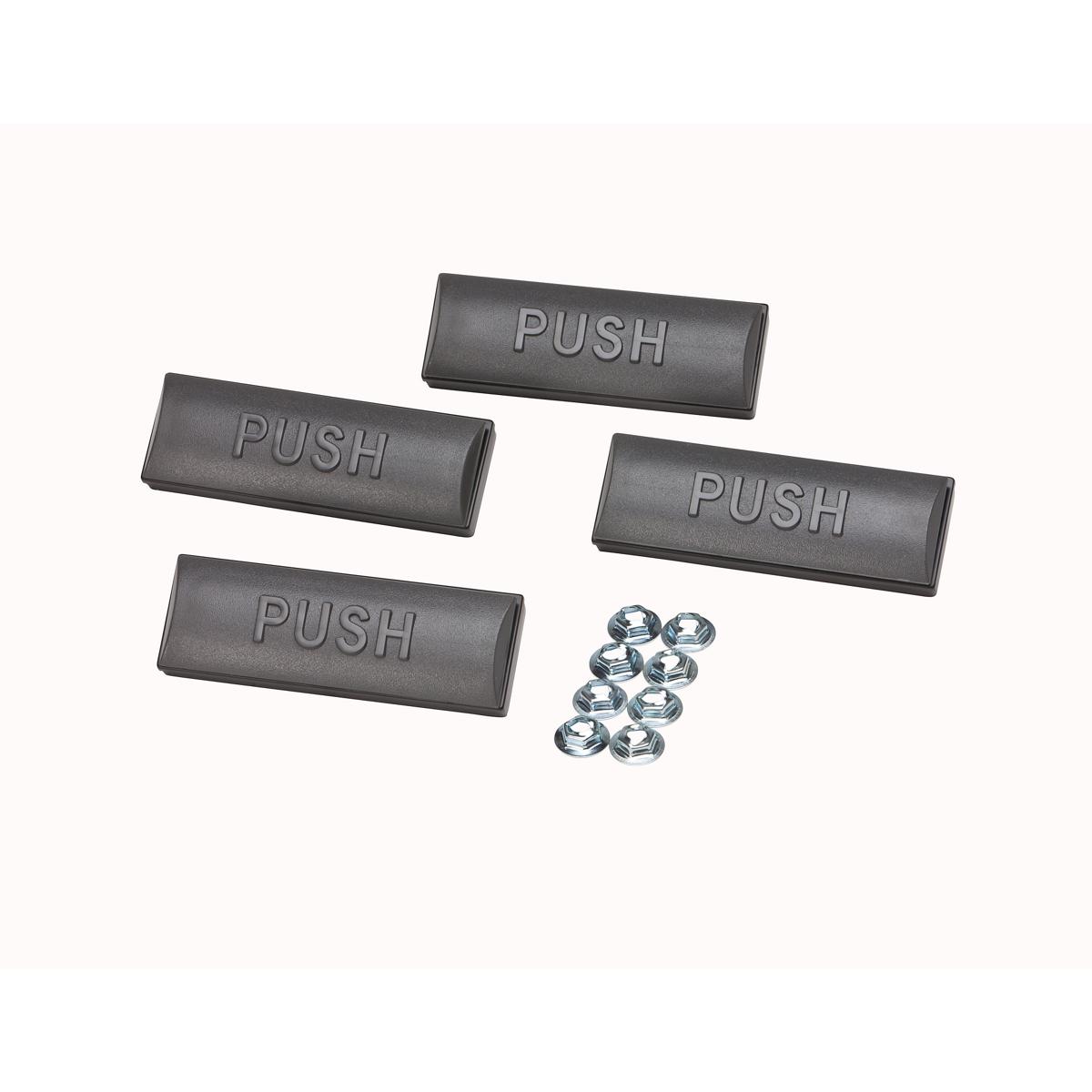 Four dark gray pushbars with "PUSH" text embossed and eight metal nuts included in kit.
