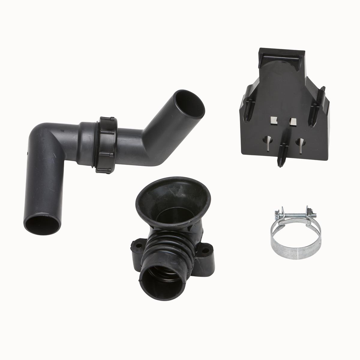 Black plastic drain replacement kit components including elbow pipe, basket strainer, mounting bracket, and metal clamp.
