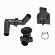 Black plastic drain replacement kit components including elbow pipe, basket strainer, mounting bracket, and metal clamp.