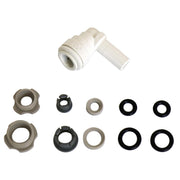 Elkay filter head fitting kit with white elbow connector and assorted plastic and rubber washers and gaskets.