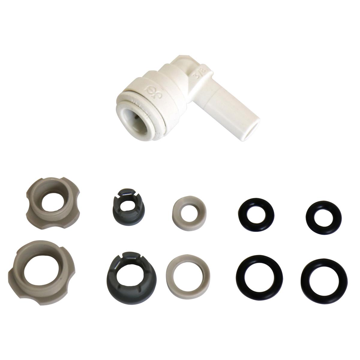 Elkay filter head fitting kit with white elbow connector and assorted plastic and rubber washers and gaskets.