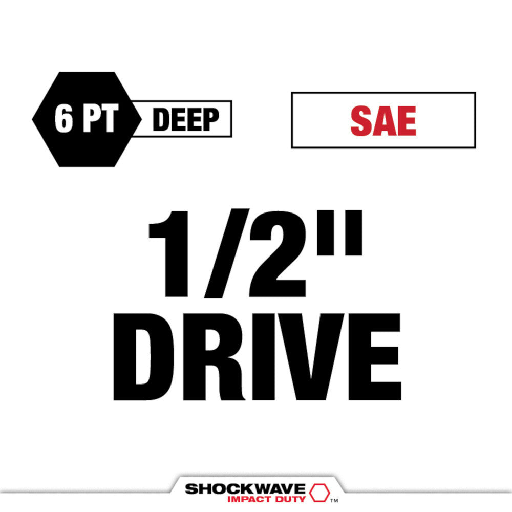 Black hexagonal socket with 6 point deep well design, 1/2 inch drive, marked SAE, for lug nuts and wheel fasteners.