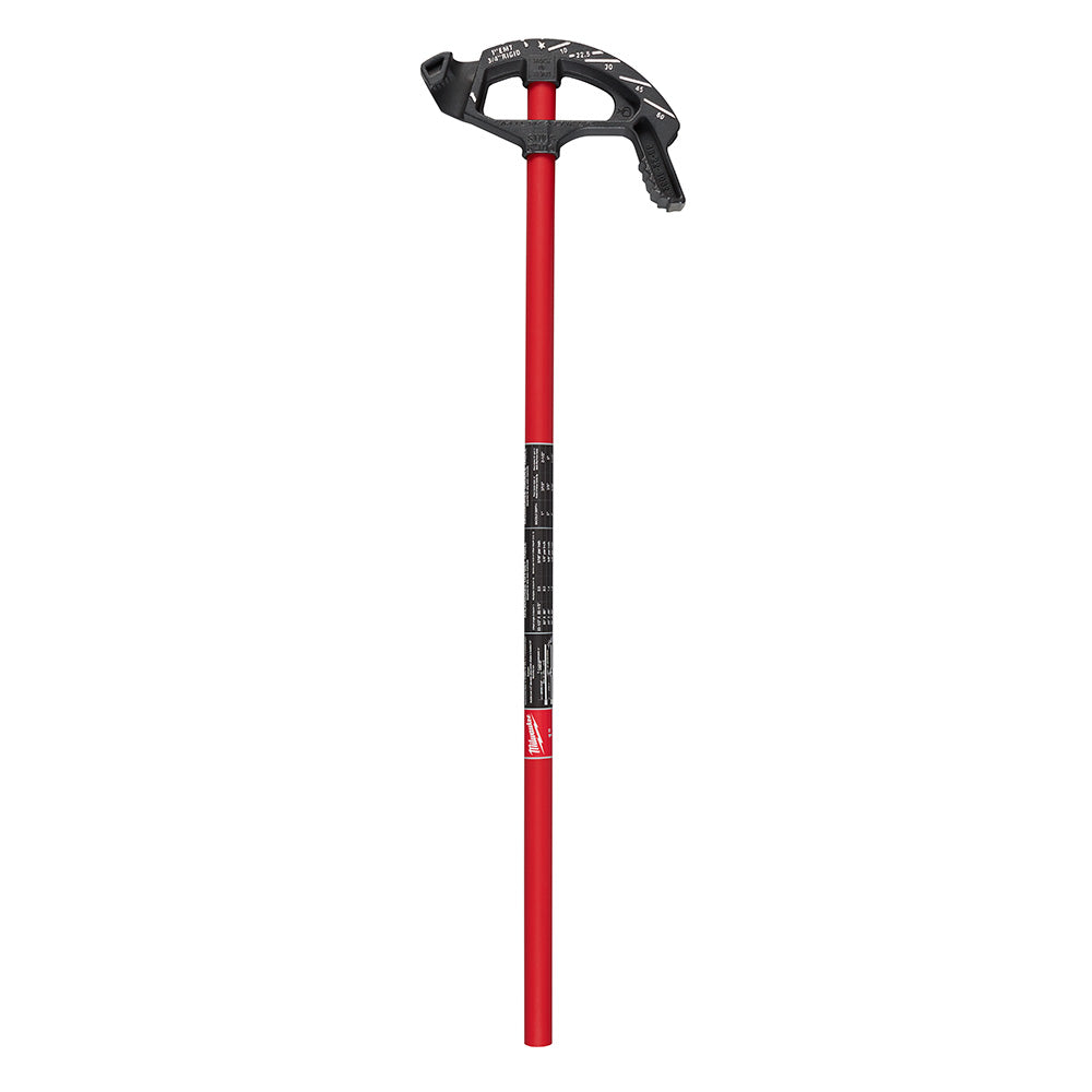 Black and red Milwaukee conduit bender with long red shaft and black handle grip at top.