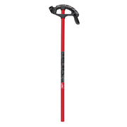 Black and red Milwaukee conduit bender with long red shaft and black handle grip at top.
