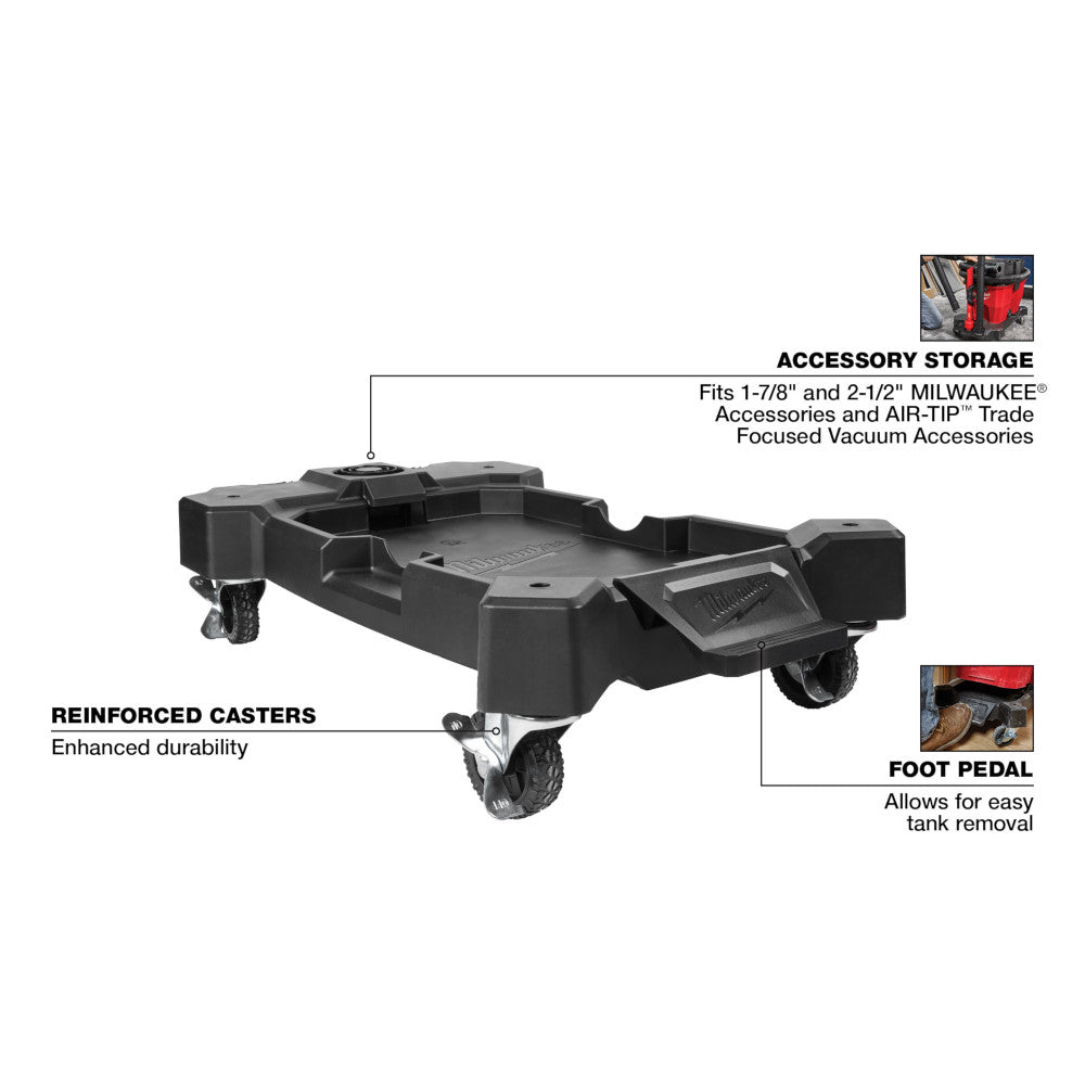 Black vacuum cart with reinforced casters, accessory storage compartments, and foot pedal for tank removal.