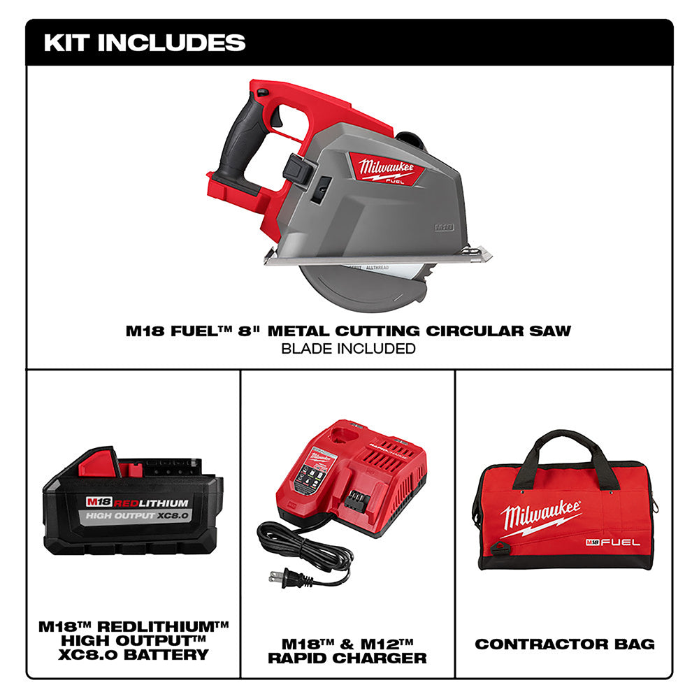Red and gray M18 FUEL 8-inch metal cutting circular saw with black handle, shown with XC9.0 battery, rapid charger, and contr