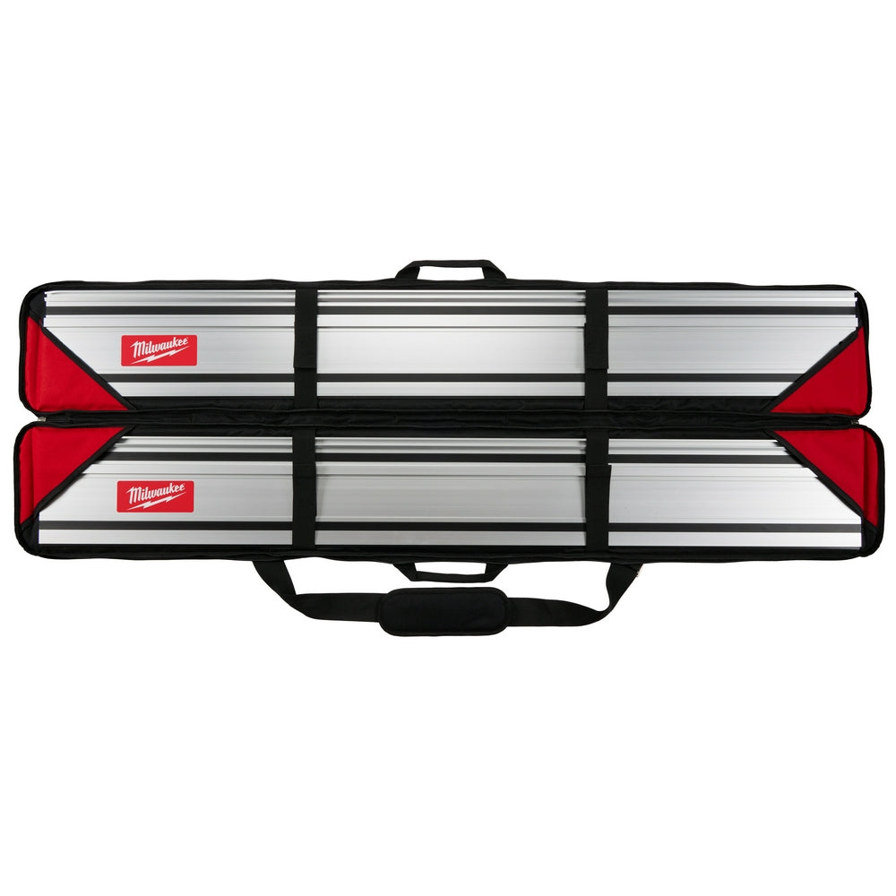 Red and black Milwaukee guide rail storage bag with dual compartments and carrying handle.