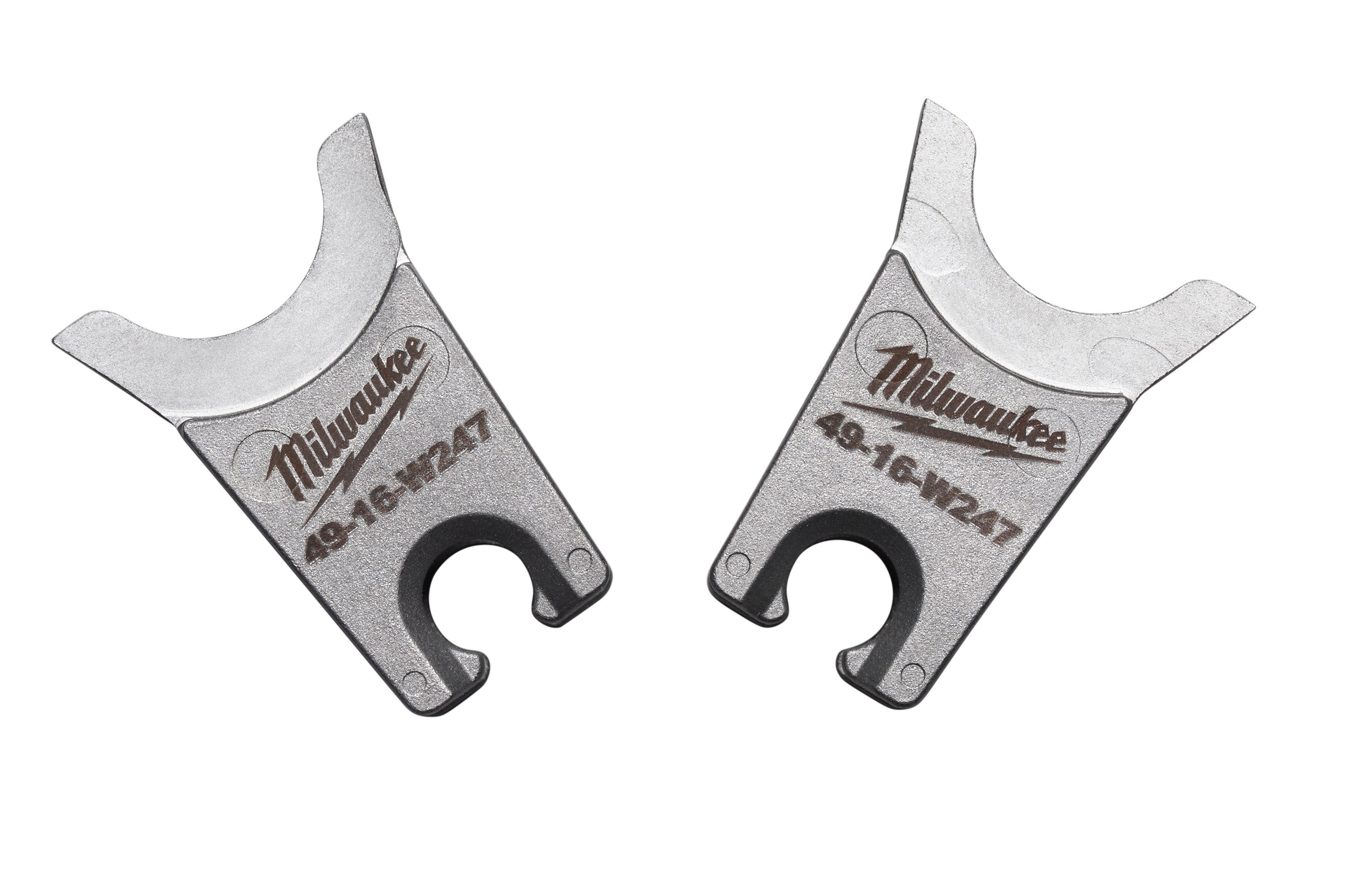 Milwaukee W-247 die with curved prongs and center hole, shown from front and back views.