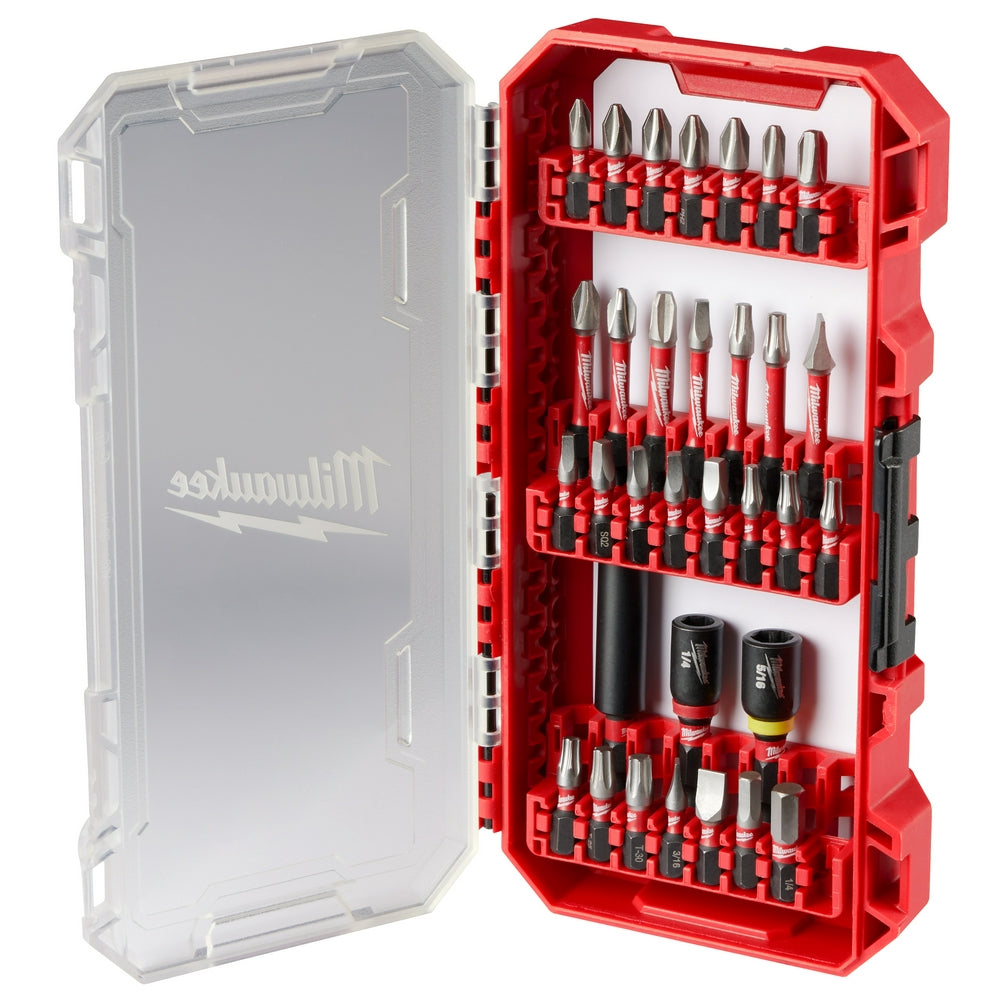 Red and clear plastic case containing 32 assorted driver bits organized in rows.