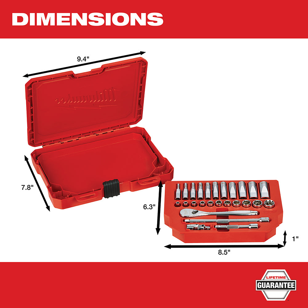 Red plastic carrying case with 1/4 in. drive ratchet, extensions, and chrome sockets arranged in organized compartments.
