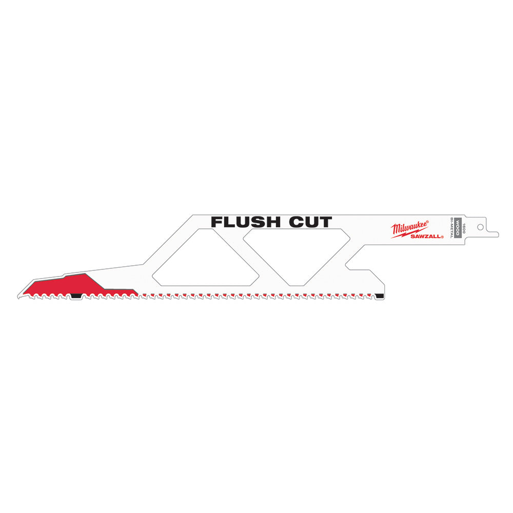 Milwaukee Flush Cut SAWZALL blade with red handle and serrated cutting edge for reciprocating saw.