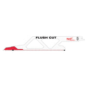 Milwaukee Flush Cut SAWZALL blade with red handle and serrated cutting edge for reciprocating saw.