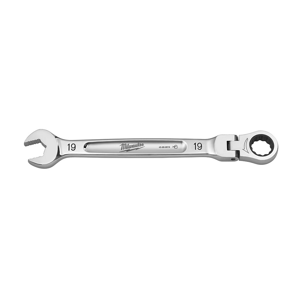 Silver 19mm combination wrench with open end, ratcheting head, and flex joint marked with Milwaukee branding.