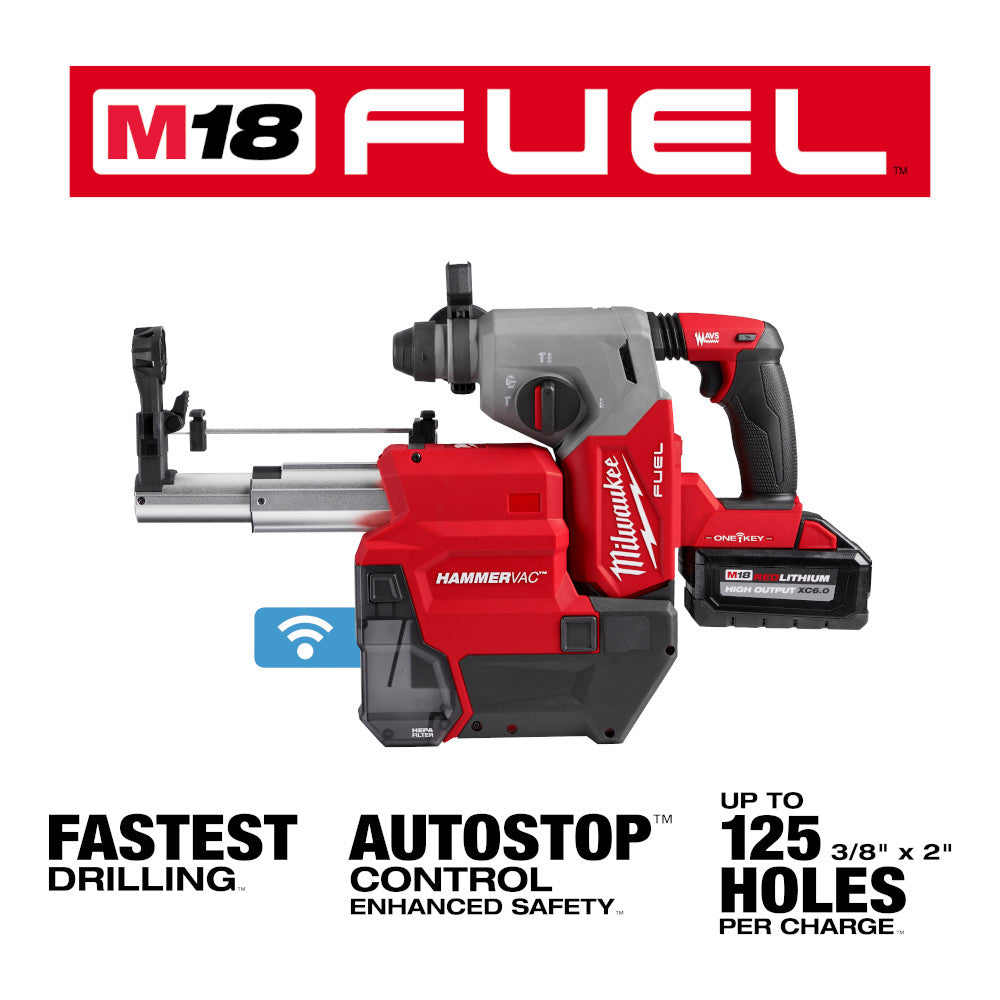 Red and gray Milwaukee M18 FUEL rotary hammer with dust extractor, battery, and charger.