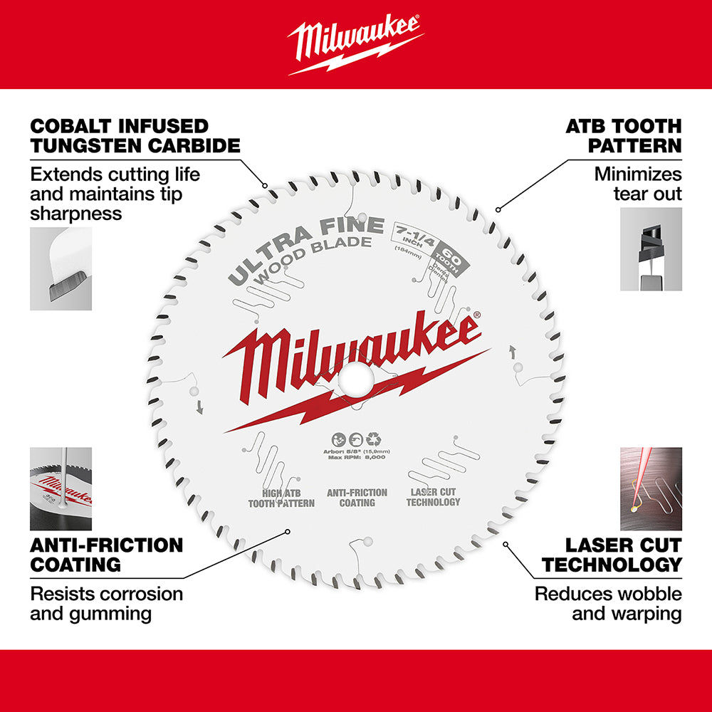 Milwaukee 7-1/4 inch circular saw blade with 60 teeth and cobalt infused tungsten carbide construction.