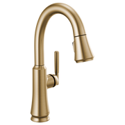 Champagne bronze single-handle pull-down bar faucet with curved spout and side lever control.