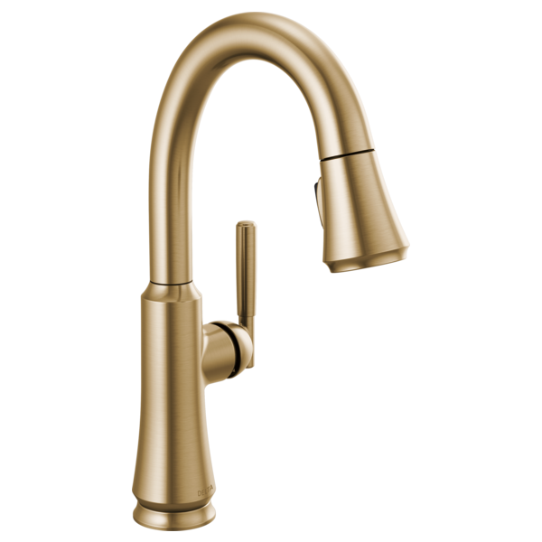 Champagne bronze single-handle pull-down bar faucet with curved spout and side lever control.
