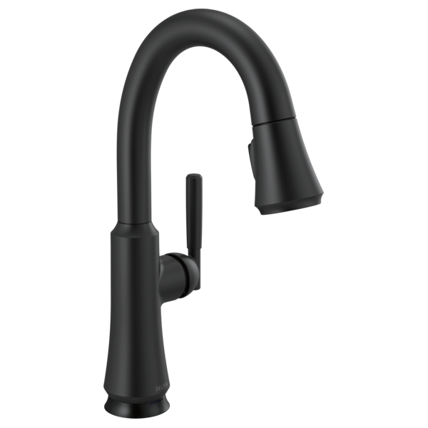 Black pull-down kitchen faucet with curved spout and single side handle.