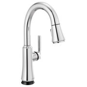Chrome pull-down kitchen faucet with single curved handle and black base.
