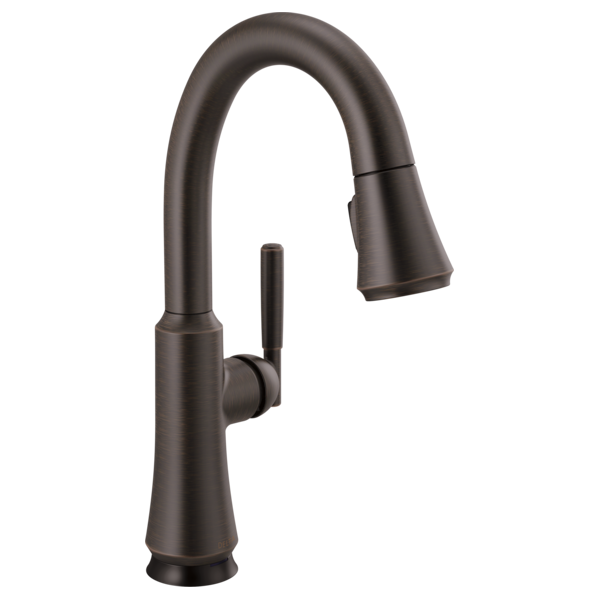 Matte black single-handle pull-down kitchen faucet with curved spout and cylindrical handle.
