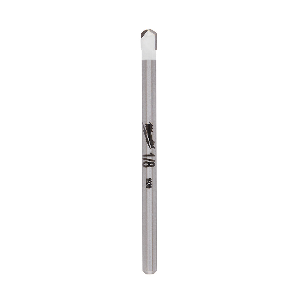 Milwaukee 1/8 inch tile and stone drill bit with gray shaft and pointed carbide tip.